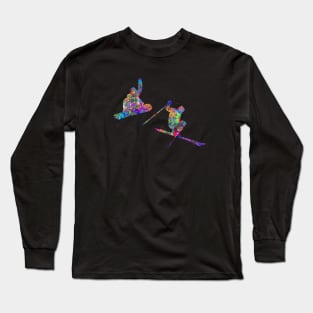 Ski and snowboard watercolor art Long Sleeve T-Shirt